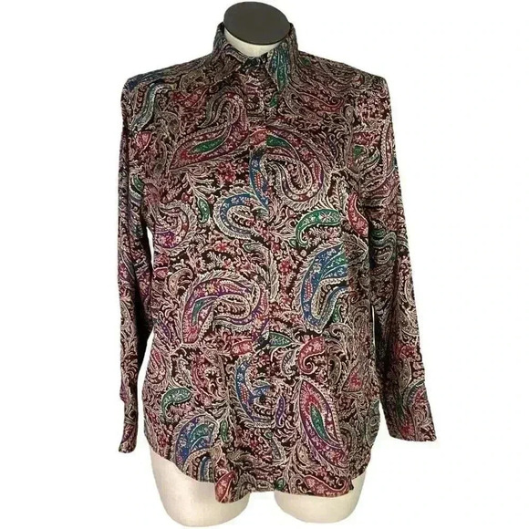 Chaps Shirt Women 1X Black Paisley Non Iron Long Sleeve Button Top Fall Classic - Picture 1 of 6